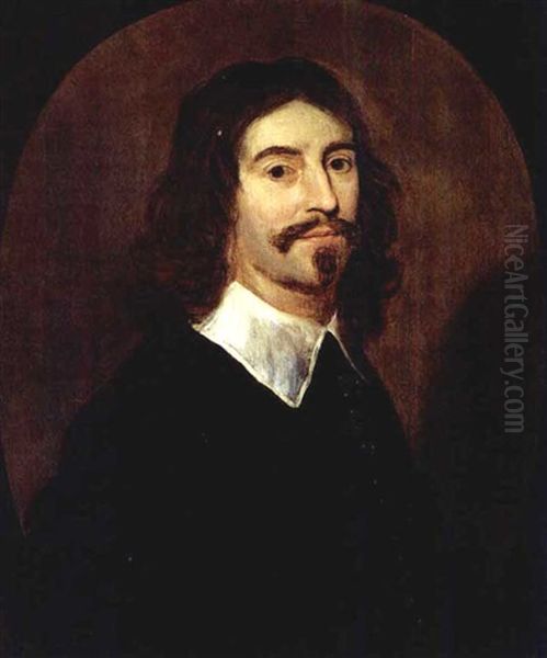 A Portrait Of A Gentleman Wearing A Black Suit With White Collar by Willem van Honthorst