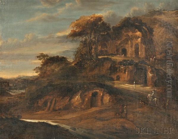 Travellers In A Mountainous Wooded Landscape by Horatius de Hooch