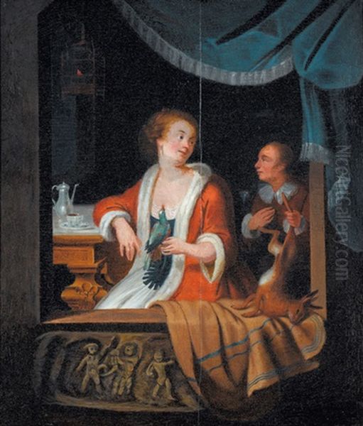 Fensterausschnitt Mit Frau, Papagei Und Diener by Pieter De Hooch