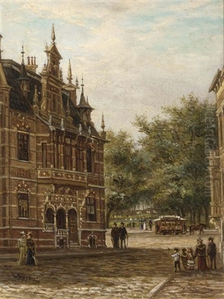 A Town View With Elegant Figures On A Street by Johannes Matthijs Hoogbruin