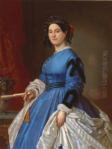 Portrait Of A Lady In A Blue Dress by August Hopfgarten