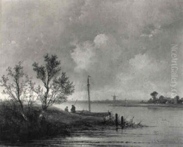 River Landscape With Figures by Johannes Franciscus Hoppenbrouwers