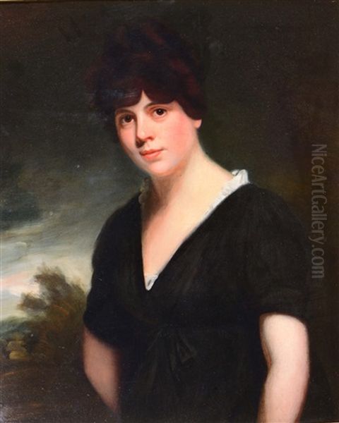 Portrait Of Miss Sarah Hovell, Half Length, Wearing A Black Dress With White Lace Chemise by Sir John Hoppner