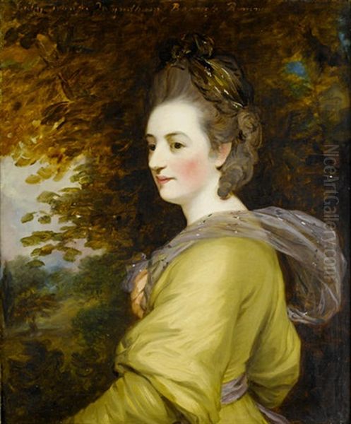 Portrait Of Lady Romney In A Yellow Dress With A Shawl, Before An Open Landscape Oil Painting - Sir John Hoppner