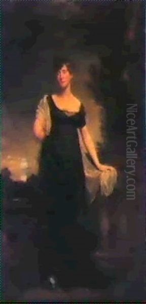 Portrait Of Mrs. Shaw Of Green's Norton, Standing Full      Length, Wearing A Black Dress With A White Shawl, On A Porch by Sir John Hoppner