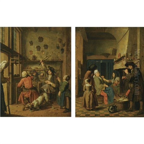 The Interior Of A Cobbler's Shop (+ A Family In An Interior Near A Fire Place; Pair) by Jan Josef Horemans the Younger