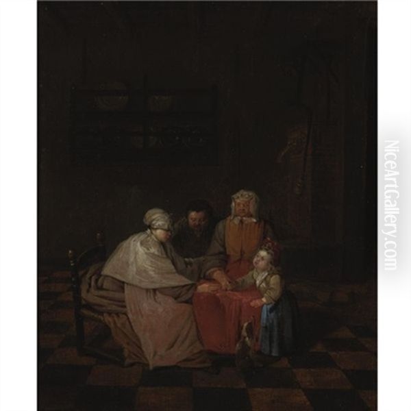 A Family And Their Dog In An Interior by Jan Josef Horemans the Younger