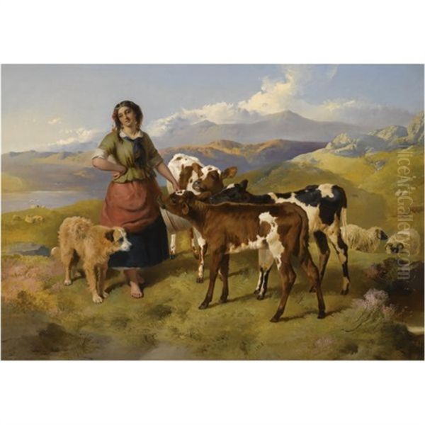 Highland Landscape With A Shepherdess Feeding Calves by George William Horlor