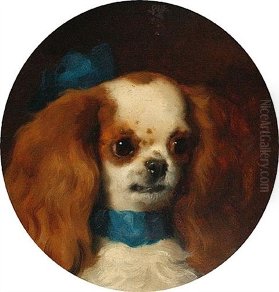 A King Charles Spaniel Wearing A Blue Bow by George William Horlor