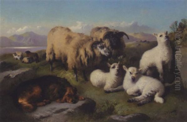 Sheep And Sheepdog In A Landscape Oil Painting - George William Horlor