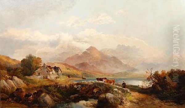 Welsh Lakeside View With Cattle And Figures On A Bridge by Joseph Horlor