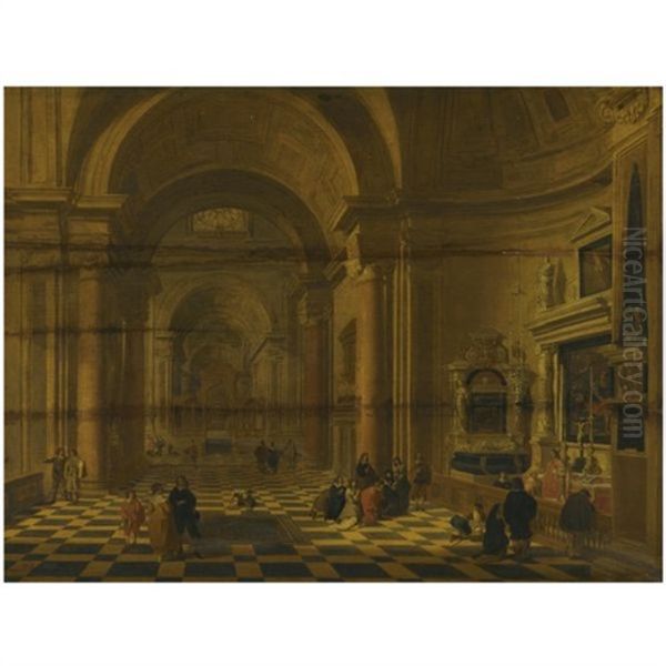 A Church Interior With Figures Praying By A Chapel In The Foreground by Gerard Houckgeest