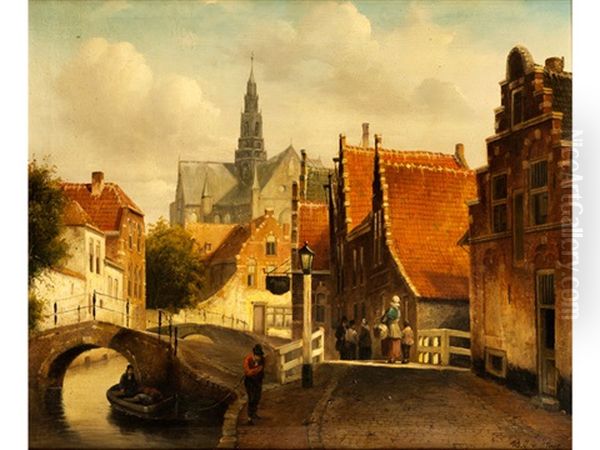 Niederlandische Stadtansicht Mit Hausern, Kirchturm Und Brucke Uber Einer Gracht by Bartholomeus Johannes Van Hove