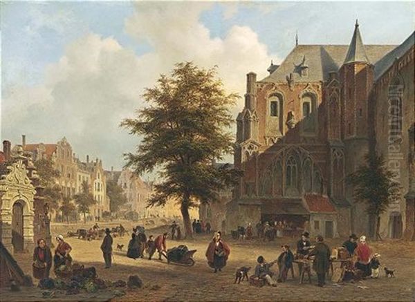 A Town Scene With Figures On A Market Square by Bartholomeus Johannes Van Hove