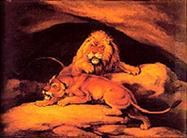 Lion And Lioness In A Den by William Samuel Howitt