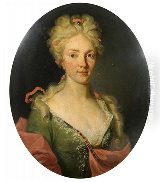 Portrat Einer Adeligen Dame Mit Perlschmuck Im Haar. Mit Ruckseitgem Wappen Der Berner Familie Von Diesbach by Johann Rudolf Huber the Elder