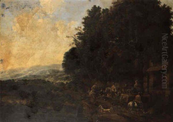 A Hawking Party At Rest By A Water Trough In A Wooded Landscape by Jan van Huchtenburg