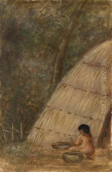 Pomo Indian Child Seated By A Hut by Grace Carpenter Hudson