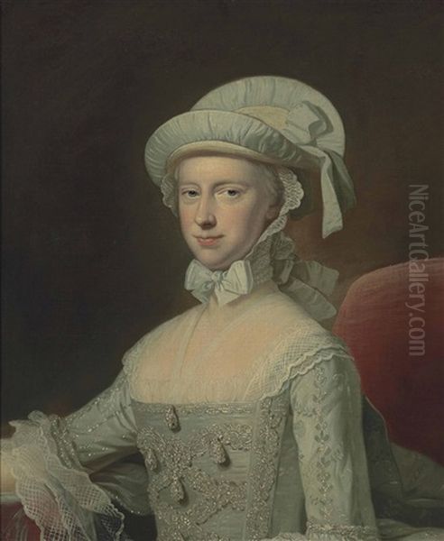 Portrait Of A Lady, Half-length, In A White Embroidered Lace-trimmed Dress And A Bonnet, Seated In An Interior by Thomas Hudson