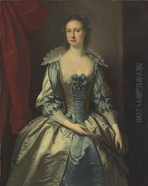 Portrait Of A Lady, Possibly Mrs. Fryer, Three-quarter-length, Holding A Feather by Thomas Hudson