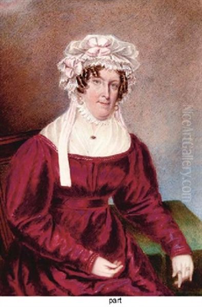 A Lady Seated In Crimson Dress And Elaborate White Bonnet (+ 2 Others; 3 Works) by William Hudson