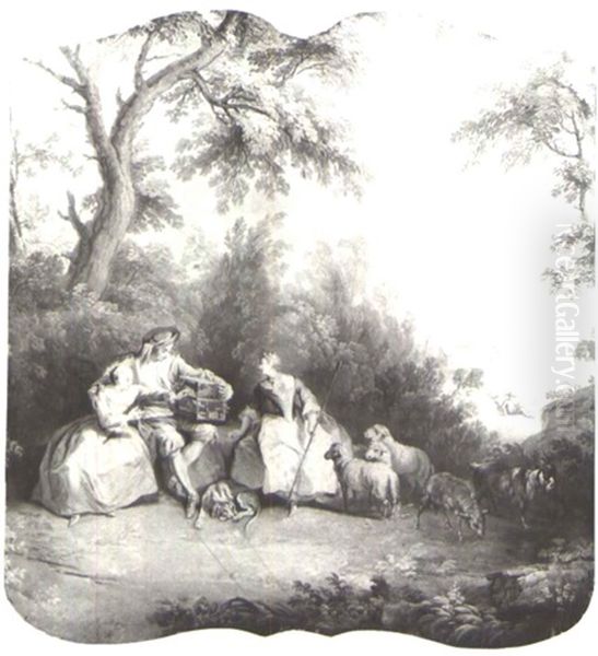 Pastoral Landscape With Figures And Sheep by Jean Baptiste Huet