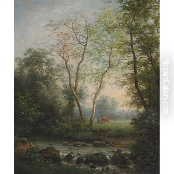 Herder And Cows By Woodland Stream by Claude Sebastien Hugard De La Tour