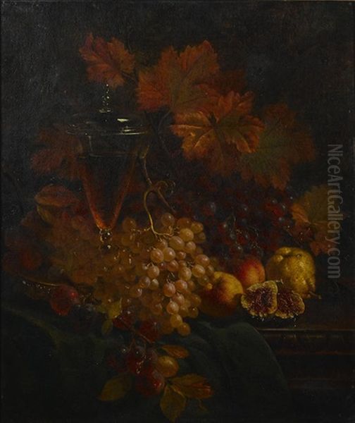 A Still Life With Goblets Of Wine, Grapes And Pomegranates by William Hughes