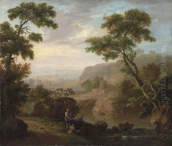 An Italianate River Landscape With Ruins, Anglers On A Bank by George Cuitt