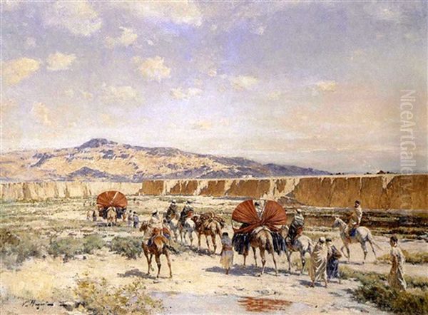 Arab Caravan Crossing A Riverbed by Victor Pierre Huguet