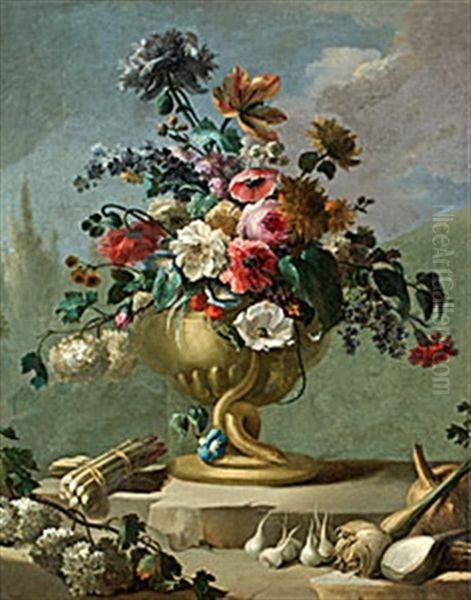 Stilleben Med Blommor I Urna Samt Gronsaker by Pierre Nicolas Huilliot