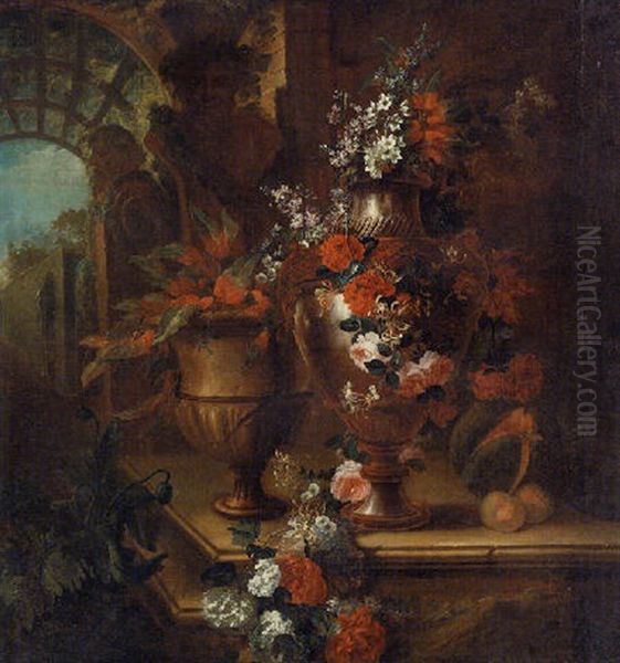 Roses, Poppies, Honeysuckle, Hollycocks, Morning Glory And Other Flowers In A Vase On A Stone Ledge With Peaches by Pierre Nicolas Huilliot