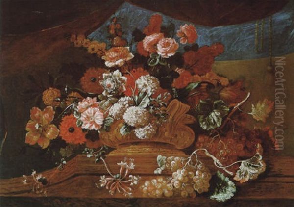 Groses Dekoratives Stilleben Von Blumen In Einer Prunkvase Und Weintrauben by Pierre Nicolas Huilliot