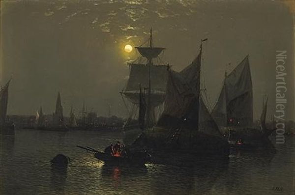 Sailing Vessels In A Moonlit Harbor With Fishermen And Their Boats In The Foreground by Abraham Hulk the Elder