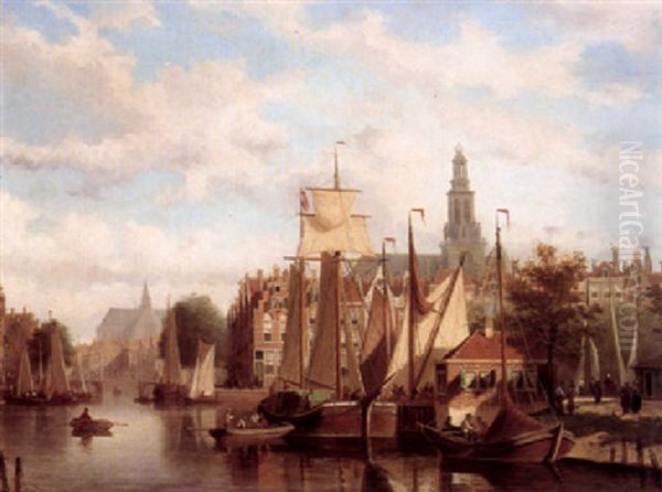 Boats Moored On A Dutch Canal by Johannes Frederik Hulk the Elder