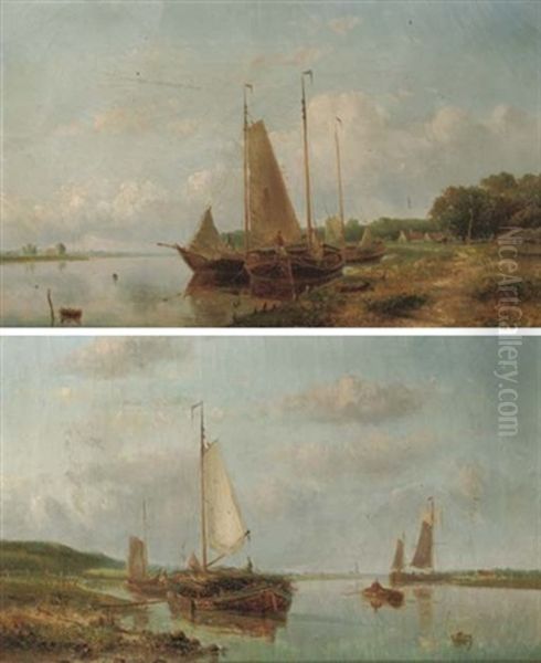 Boats Moored By A River Bank (pair) by Hendrik Hulk