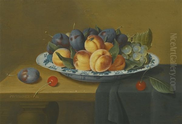 Still Life With Peaches, Plums And Grapes In A Wan-li Porcelain Dish, All Upon A Ledge Partially Draped With A Green Cloth by Jacob van Hulsdonck