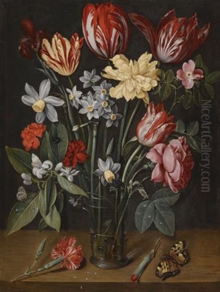 A Still Life With Tulips, Daffodils, Carnations And Other Flowers In A Vase, All Resting On A Wooden Ledge With Butterflies And A Fly by Jacob van Hulsdonck