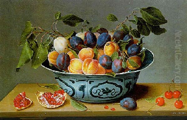 Peaches And Plums In A Wanli Kraak Porselein Bowl With Fruit by Jacob van Hulsdonck