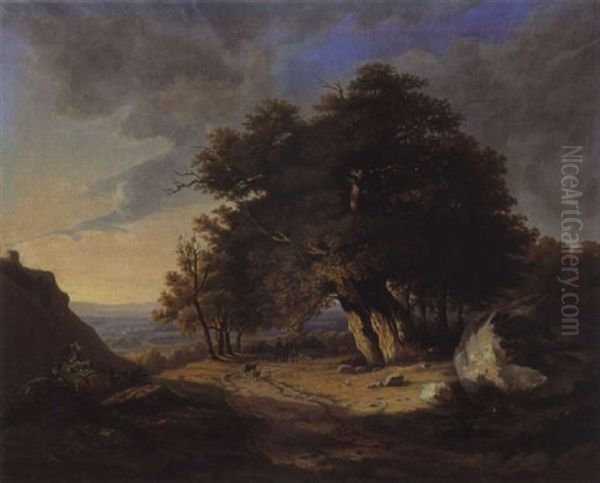 Romantische Mittelgebirgslandschaft Mit Grosser Eichengruppe Und Jagerstaffage by Joseph Huelser