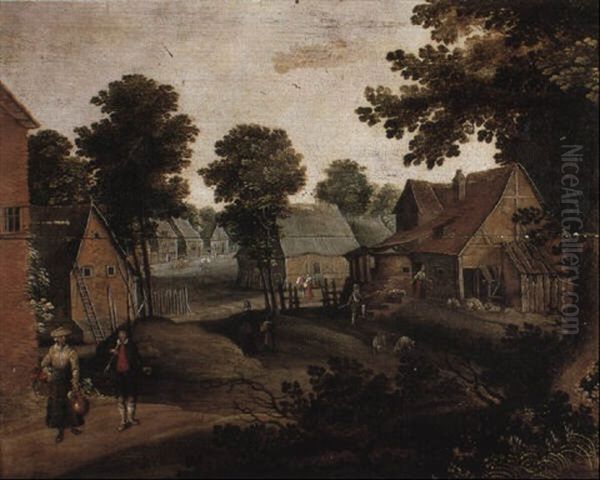 Village With A Swineherd And Peasants On A Track by Pieter van der Hulst the Elder