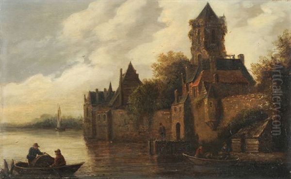 Burg Am Ufer Mit Fischerbooten by Frans de Hulst