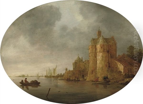 A River Landscape With Figures In Rowing Boats Near A Tower On The Outskirts Of A Walled Town by Frans de Hulst