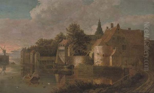 A Fortified Canal-side Town With Fisherman In The Foreground by Frans de Hulst