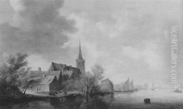 A River Landscape With A Town On The Left Bank, Shipping Vessels Beyond by Frans de Hulst