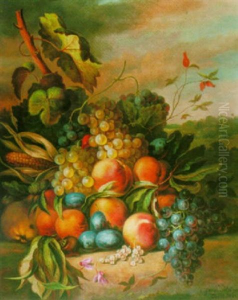 A Still Life Of Grapes, Peaches, Plums And Other Fruits In A Landscape by Cornelis Johannes van Hulsteyn