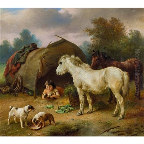 Madchen, Pferde Und Hundewelpen Vor Einem Zelt by Walter Hunt