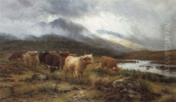 Highland Cattle On The Banks Of A River by Louis Bosworth Hurt