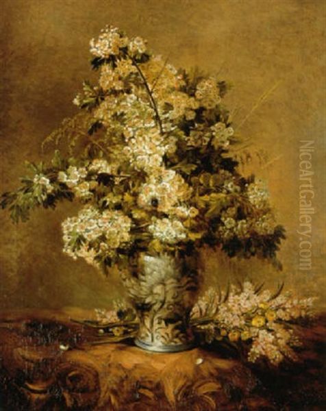 Vase Fleuri D'aubepines Avec Insecte by Francois Joseph Huygens