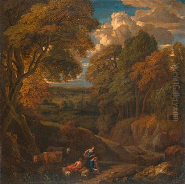 Bewaldete Landschaft Mit Schaferfamilie Und Vieh by Cornelis Huysmans